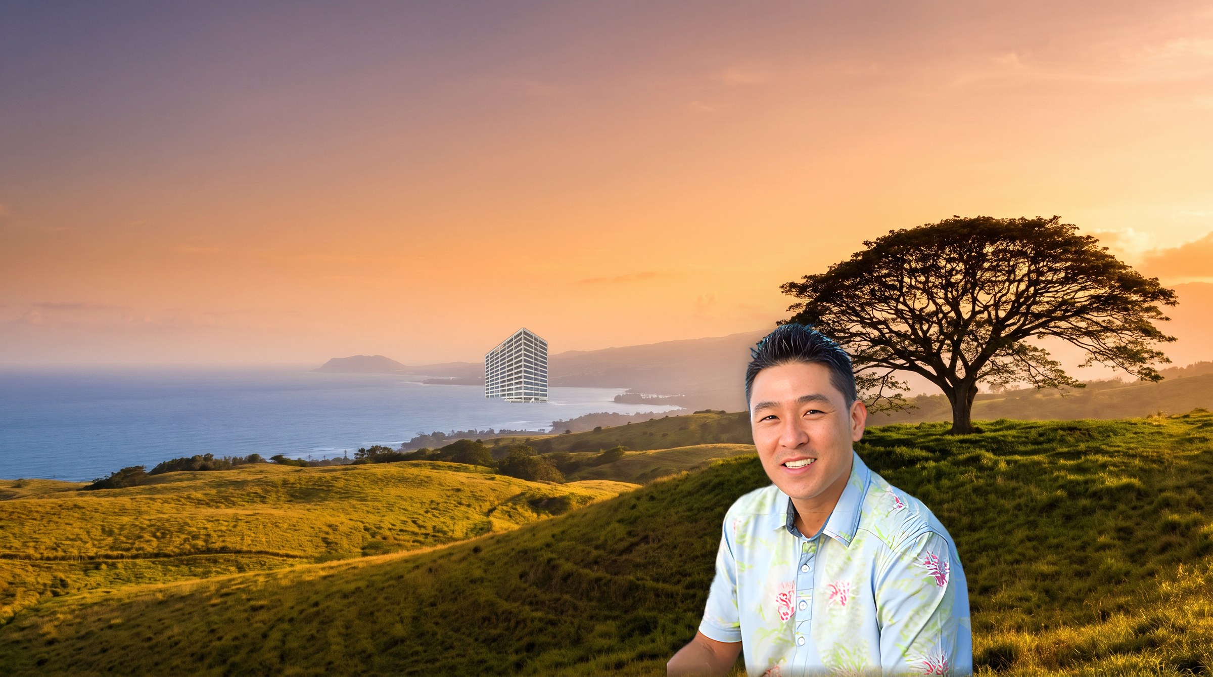 Dean M. Park beneath a monkeypod tree above the Honolulu coastline at golden hour, with the firm's Ala Moana office in the distance